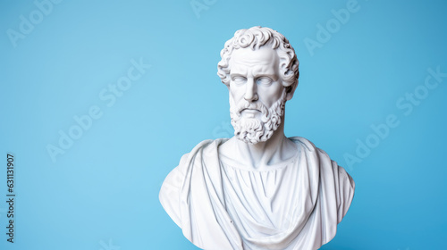 Greek philosopher bust, statue with copyspace on pastel blue background, philosophy and knowledge concept, wisdom