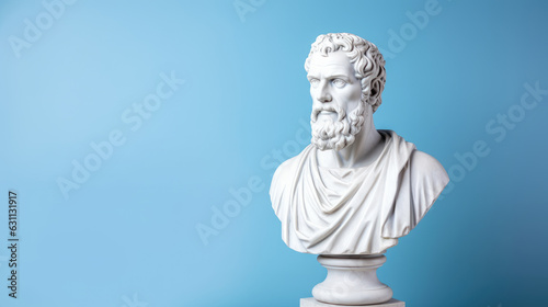 Greek philosopher bust, statue with copyspace on pastel blue background, philosophy and knowledge concept, wisdom
