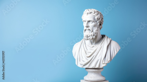 Greek philosopher bust, statue with copyspace on pastel blue background, philosophy and knowledge concept, wisdom © OpticalDesign