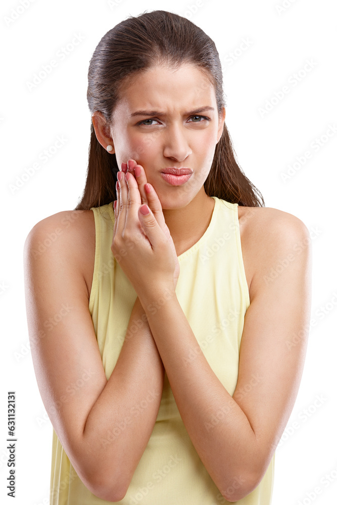 Dental, toothache or pain and the portrait of a woman with a cavity isolated on a transparent background. Face, mouth and oral hygiene with a young female person on PNG for emergency medical care