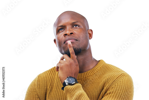 African man, thinking and remember ideas or confused by question, why or planning on isolated, transparent or png background. Doubt, face and guy with a solution, problem solving or brainstorming