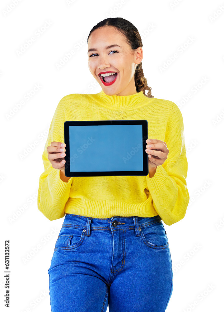 Woman, fashion and wow for tablet screen mockup presentation for discount, news or e commerce winner. Portrait of excited person on digital tech for online sale isolated on transparent png background Woman, fashion and wow for tablet screen mockup presentation for discount, news or e commerce winner. Portrait of excited person on digital tech for online sale isolated on transparent png background