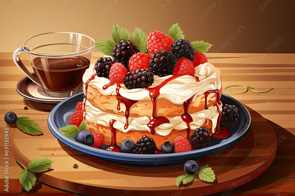 Illustration of a handmade cake decorated with fresh fruit on a wooden plate. Generative Ai. Illustration of a handmade cake decorated with fresh fruit on a wooden plate. Generative Ai.