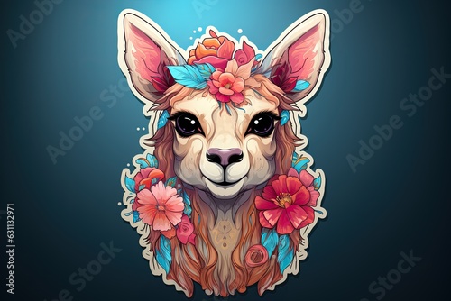 The illustration features a llama face with colorful patterns against a pastel background, creating a whimsical and artistic portrayal of the majestic animal. Generative Ai.