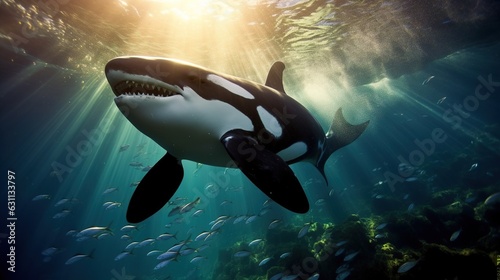 an orca swimming in the ocean with a lot of fish.  generative ai © Olga