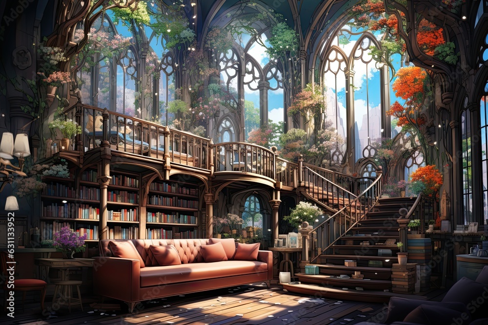 The illustration showcases an abstract depiction of a library, with books, shelves, and reading spaces merged into a harmonious and imaginative artistic display. Generative Ai.