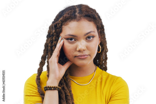 Tired, stress and portrait of a woman with headache, sad or depression. Teenager face, attitude and serious young person with a problem, burnout or frustrated isolated on a transparent png background