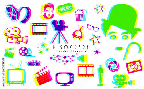 Set of Risograph style symbols. Cinema, film and tv concept. Vintage, glitch colorful icons.

