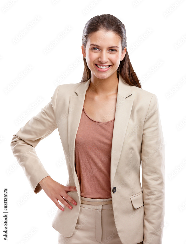 Fashion, smile and portrait of businesswoman in formal, classy and trendy outfit with confidence. Professional, pride and young female model with elegant style isolated by transparent png background.