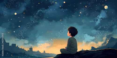 A boy gazes at a starry night sky with galactic glimmer,  A boy looking at night starry sky, A child sits on a ledge looking at the stars at night, 