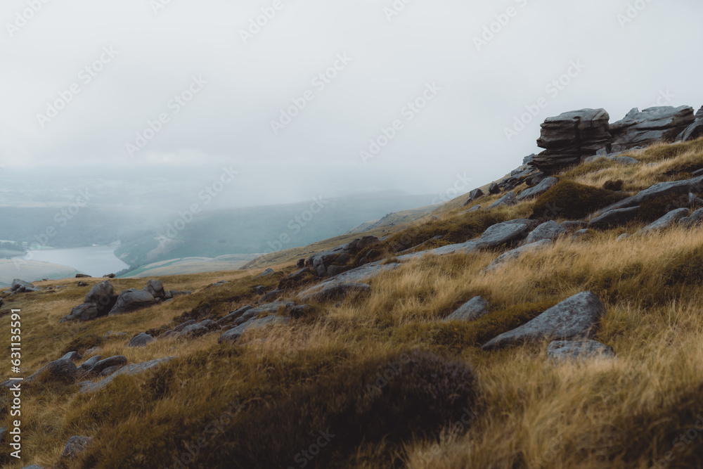 Mountain landscape in the Peak District National Park, England, Kinder Scout, hiking path and hills