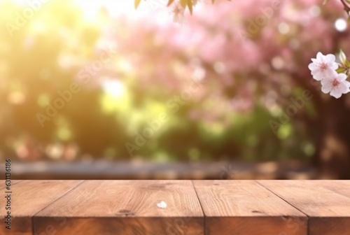 wooden table with cherry blossom in the background. Generative Ai