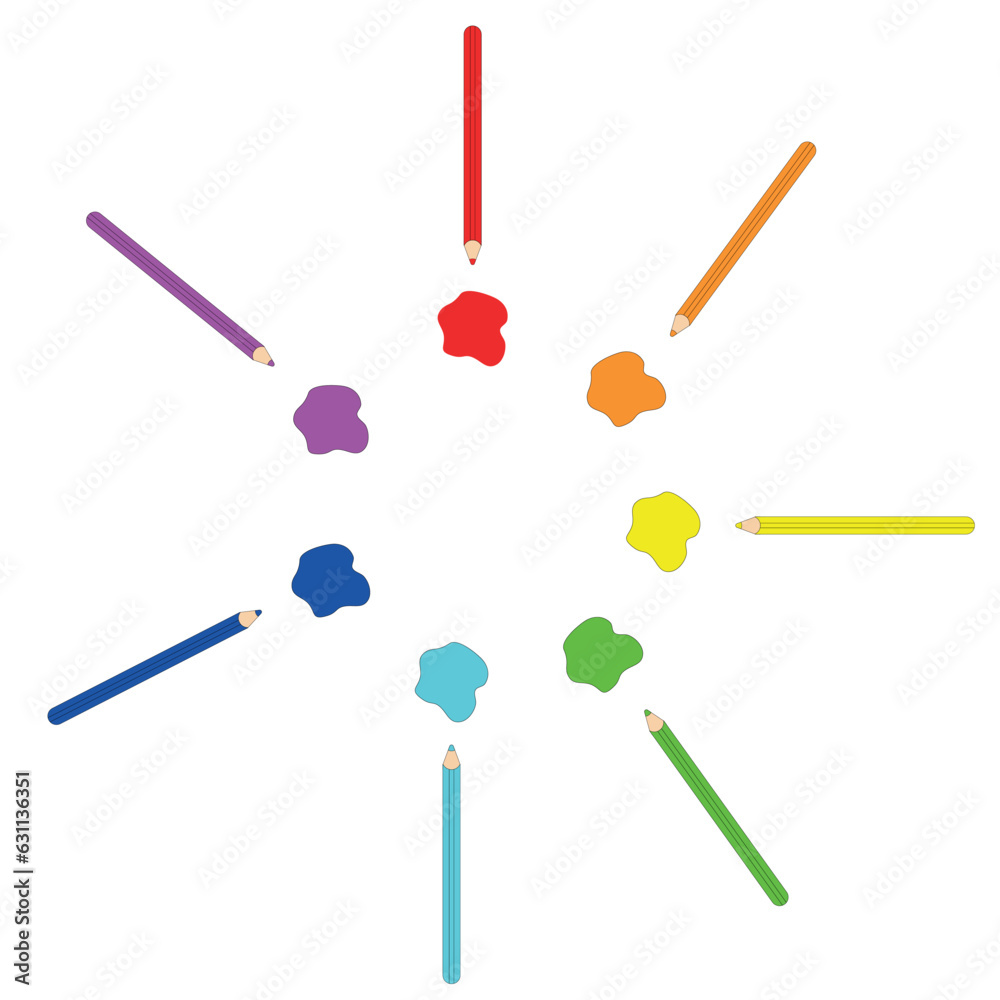 Colored pencils are arranged in a circle with spots of the same color Colored pencils are arranged in a circle with spots of the same color