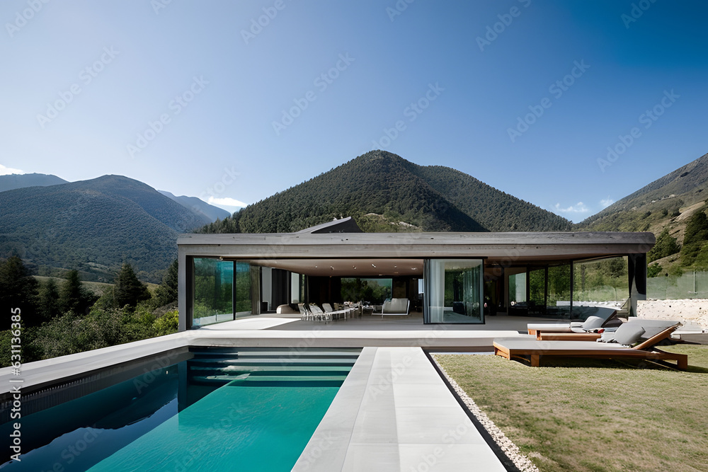 Modern minimalist concrete and glass house with pitched roof in mountains. Luxury villa with terrace and pool