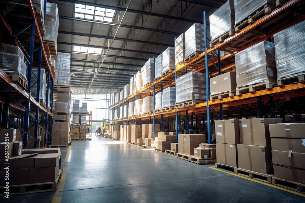 Interior of a modern warehouse. Large space for storing and moving goods. Logistics. Trade in the modern world.