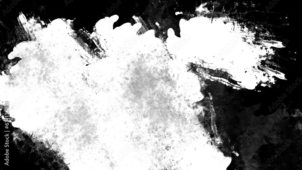 Black paint splatter and rough brush strokes frame border backdrop texture. Vintage grunge artistic hand painted blank 8k 16:9 empty vignette edges design template isolated on transparent background.