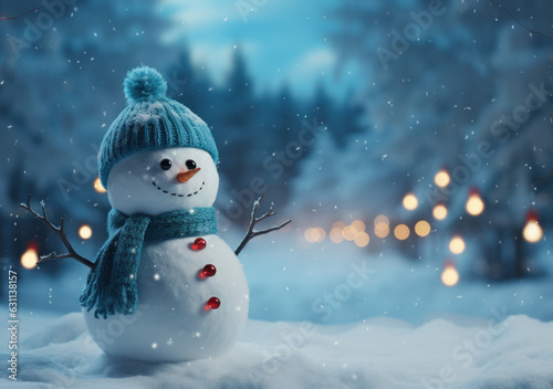 festive holiday christmas scene featuring a snowman and a blurred snowy winter forest scenic background with copy space for writing some text