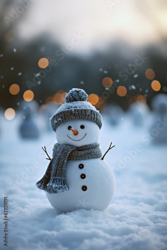 festive holiday christmas scene featuring a snowman and a blurred snowy winter forest scenic background with copy space for writing some text