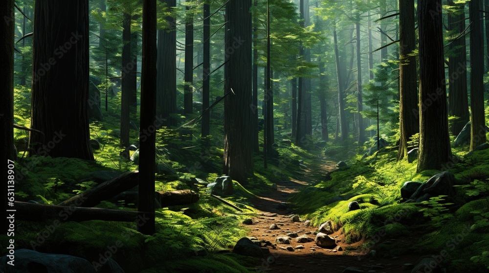  a path through a forest with lots of trees and grass.  generative ai
