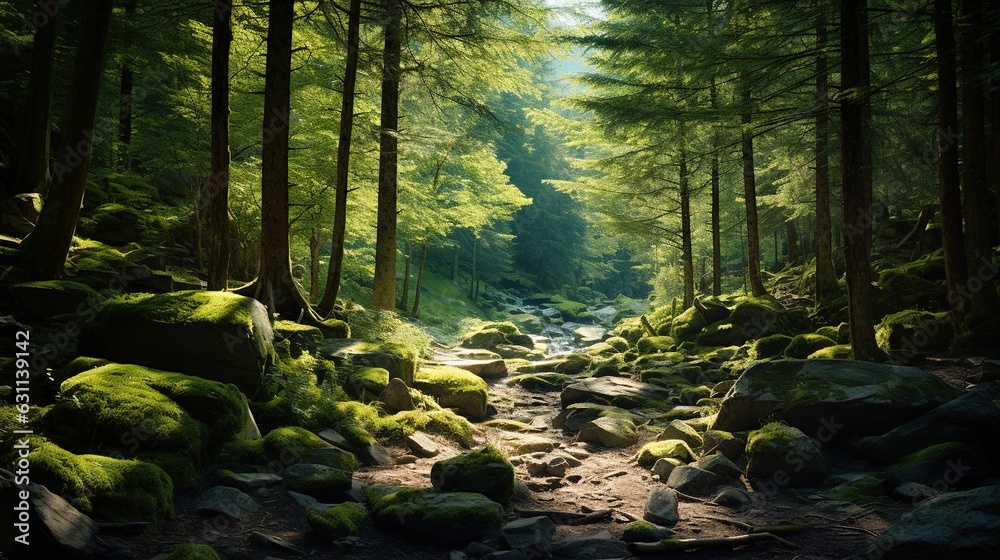 Fototapeta premium a forest filled with lots of green trees and lots of rocks. generative ai