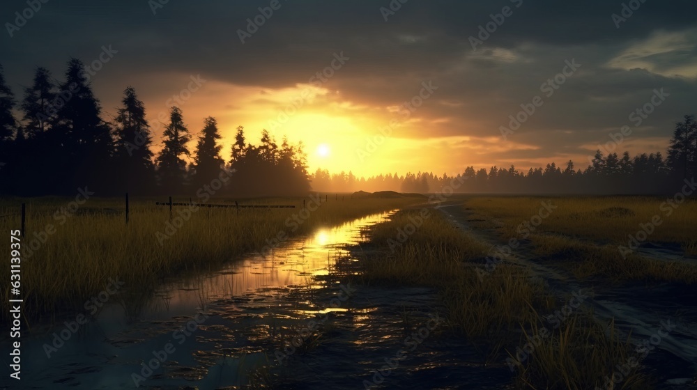the sun is setting over a field with a stream running through it. generative ai the sun is setting over a field with a stream running through it. generative ai