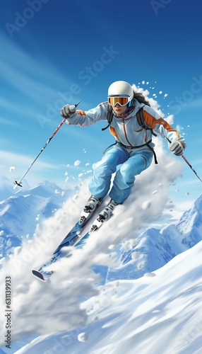 Skier showed a graceful gliding posture on the snow mountain. Generative ai