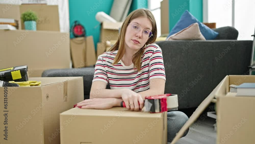 Young blonde woman packing cardboard box looking upset at new home Young blonde woman packing cardboard box looking upset at new home