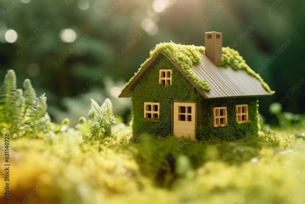 Eco Friendly House In Moss In The Garden. Miniature wooden house in spring grass. House in sunny grass. generative ai Eco Friendly House In Moss In The Garden. Miniature wooden house in spring grass. House in sunny grass. generative ai