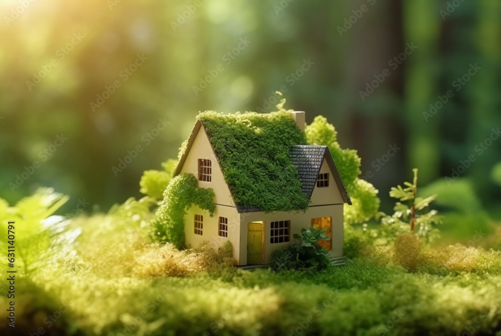 Eco Friendly House In Moss In The Garden. Miniature wooden house in spring grass. House in sunny grass. generative ai Eco Friendly House In Moss In The Garden. Miniature wooden house in spring grass. House in sunny grass. generative ai