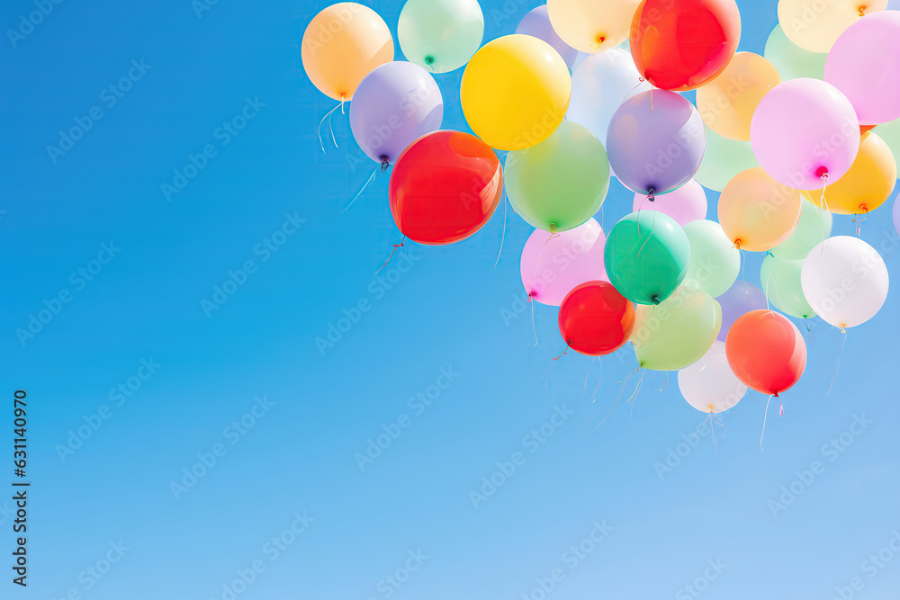 Colorful Holi Balloons Floating Against Clear Blue Sky. Generative AI