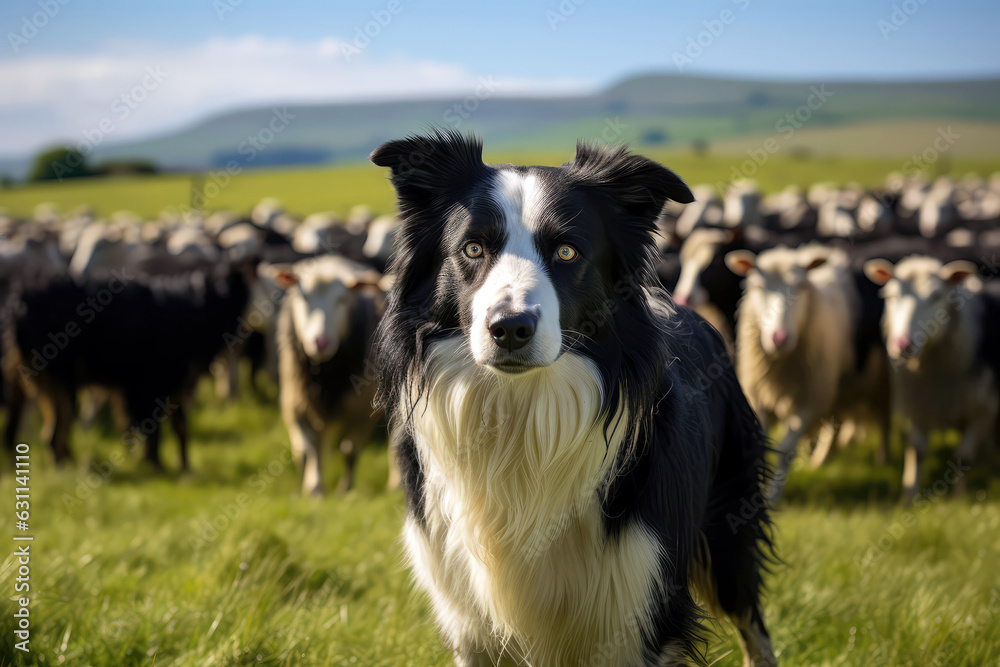Sheepdog Herding Sheep In Vast Open Field. Generative AI