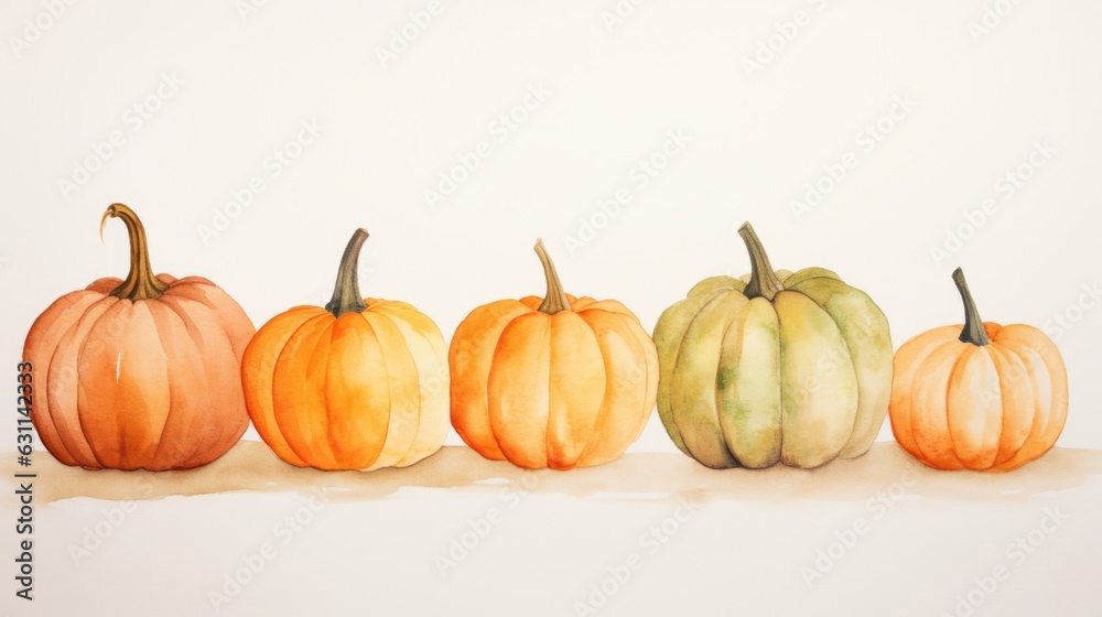 Obraz premium Watercolor&nbsp;pumpkins. Jack O’Lantern. Botanical AI illustration in&nbsp;watercolor&nbsp;painting style. Background for Halloween party. Thanksgiving day&nbsp;concept. .