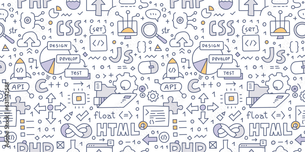 Software engineering. Doodle seamless pattern. The pattern encompasses various elements related to software development, including programming languages, the development process, and coding