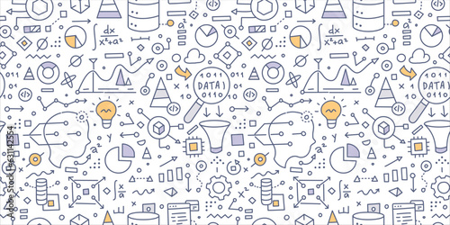 Data science. Doodle seamless pattern. Features small objects and elements of various aspects and tools of extracting knowledge from data