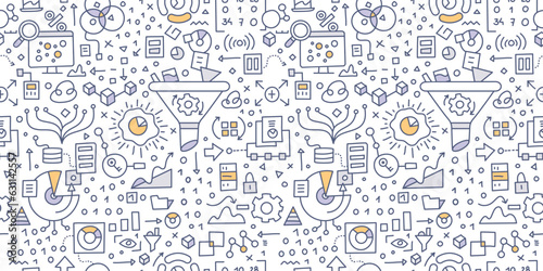 Big data. Doodle seamless pattern. Features a multitude of illustrated elements symbolizing various aspects and tools of data collecting, processing and analysing
