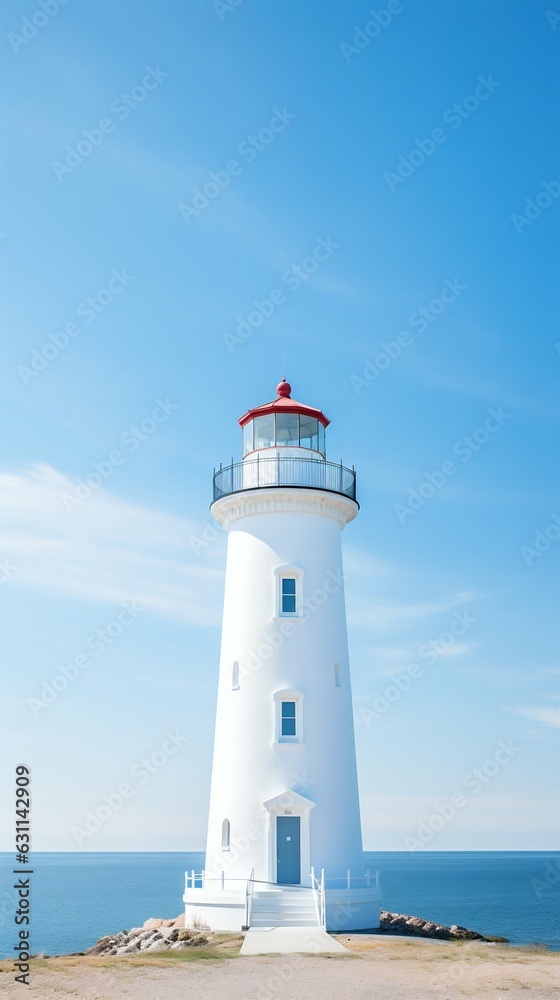 Radiant White Lighthouse on Clear Blue Sea and Sky Background. Generative ai