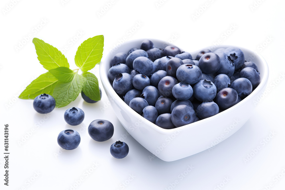 White Heart Shaped Plate With Blueberries On White Background. Generative AI White Heart Shaped Plate With Blueberries On White Background. Generative AI