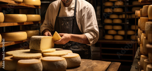 The Male Chef Takes The Cheese To The Cheese Ripening Vault. Generative AI