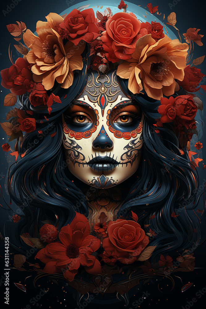 La Catrina dia de muertos Figur mit Maske / Make-up. Dekoriert mit Blumen. Tag der Toten in Mexico. Hochkant. Hochformat. Generative Ai. La Catrina dia de muertos Figur mit Maske / Make-up. Dekoriert mit Blumen. Tag der Toten in Mexico. Hochkant. Hochformat. Generative Ai.