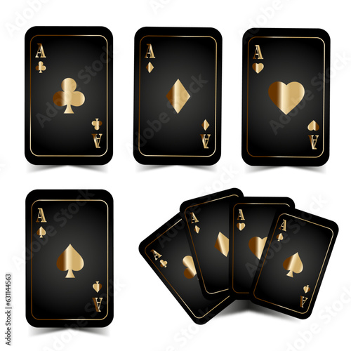 Set of gold aces with spades, clubs, diamonds, hearts in vector