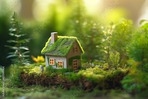 Eco Friendly House In Moss In The Garden. Miniature wooden house in spring grass. House in sunny grass. generative ai © LivroomStudio
