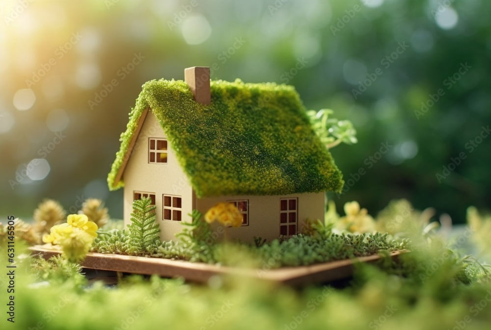 Eco Friendly House In Moss In The Garden. Miniature wooden house in spring grass. House in sunny grass. generative ai Eco Friendly House In Moss In The Garden. Miniature wooden house in spring grass. House in sunny grass. generative ai