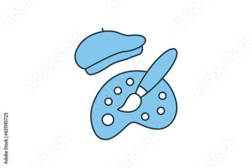 Paint brush and Palette icon. icon related to painting. mixing board different colors. flat line icon style. Simple vector design editable