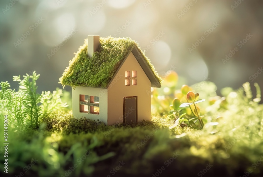 Eco Friendly House In Moss In The Garden. Miniature wooden house in spring grass. House in sunny grass. generative ai Eco Friendly House In Moss In The Garden. Miniature wooden house in spring grass. House in sunny grass. generative ai
