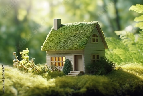Eco Friendly House In Moss In The Garden. Miniature wooden house in spring grass. House in sunny grass. generative ai