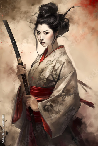Portrait of a Japanese female samurai in watercolor painting © Alcuin