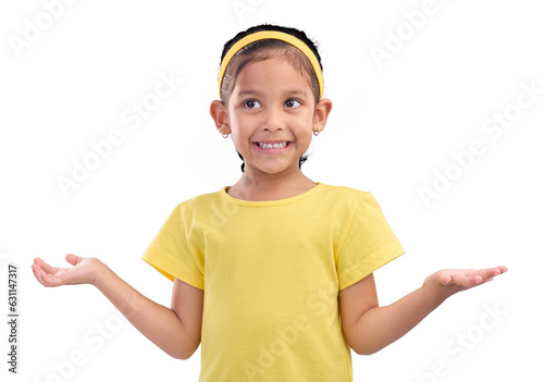 Thinking, child and shrug with decision or unsure about a choice, option or feedback. Kid, clueless and doubt from a young girl about a question with gesture isolated on a transparent png background photo