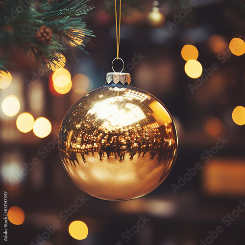 Closeup of gold bauble hanging from a decorated Christmas tree. Retro filter effect. Made with generative ai photo