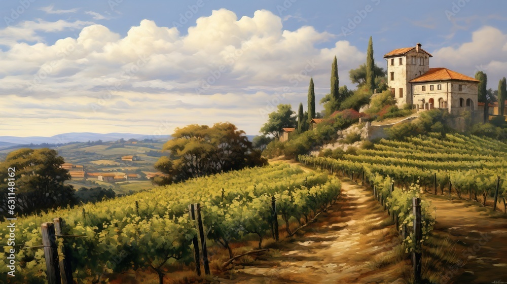  a painting of a vineyard with a house on a hill.  generative ai
