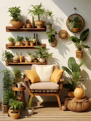 The home garden interior is filled with a variety of beautiful plants in different pots, creating a stylish and jungle like atmosphere. 